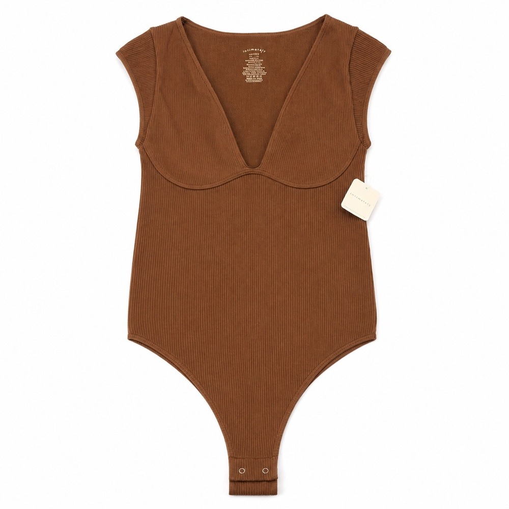Free People Intimately Cappuccino Brown Ribbed V-Neck Bodice Bodysuit M/L NEW